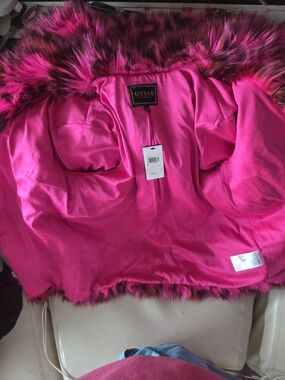 Guess Hot Pink Teddy Jacket with Faux Fur Trim